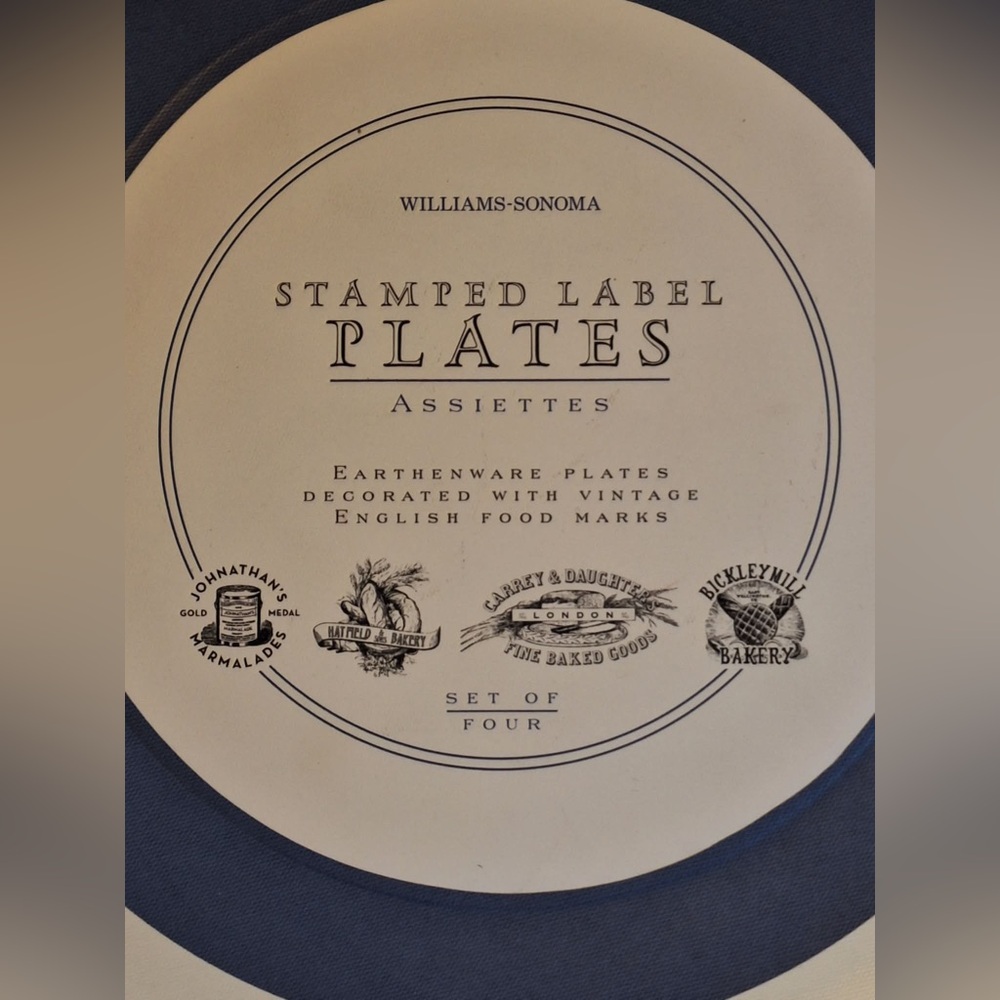 England Williams-Sonoma Blue Rim Stamped Plates - Set of Four Vintage Food Marks